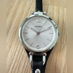 Fossil ladies silver tone black leather dress watch NEW BATTERY